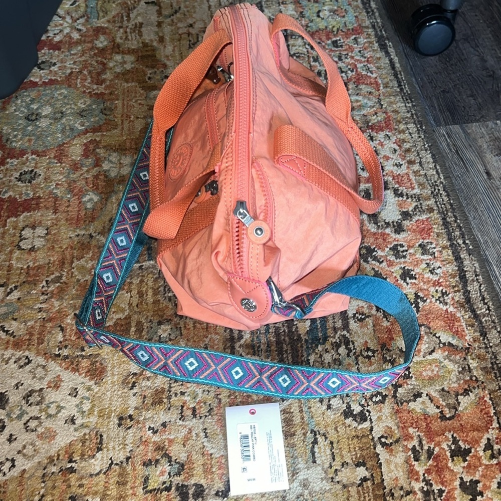 Kipling Coral Orange Crossbody Bag with Patterned Strap - Picture 3 of 5